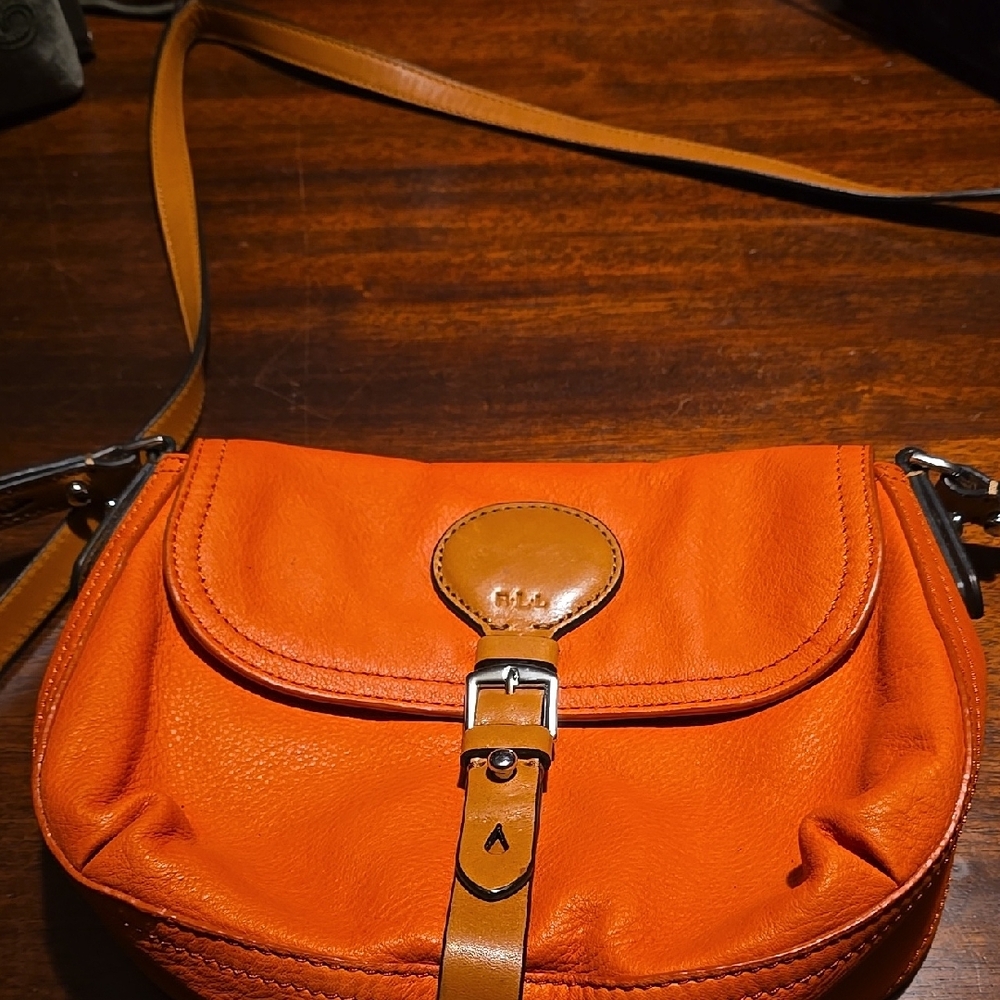 Ralph Lauren Double RL Orange Crossbody Bag with Flap Closure